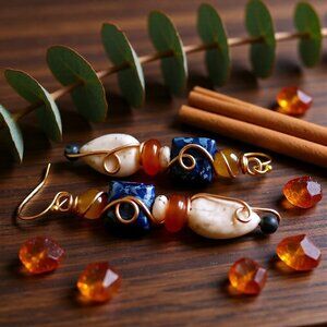 Blue Orange & Cream Stones | Feminine Beaded + Wire Wrapped Dangle Earrings